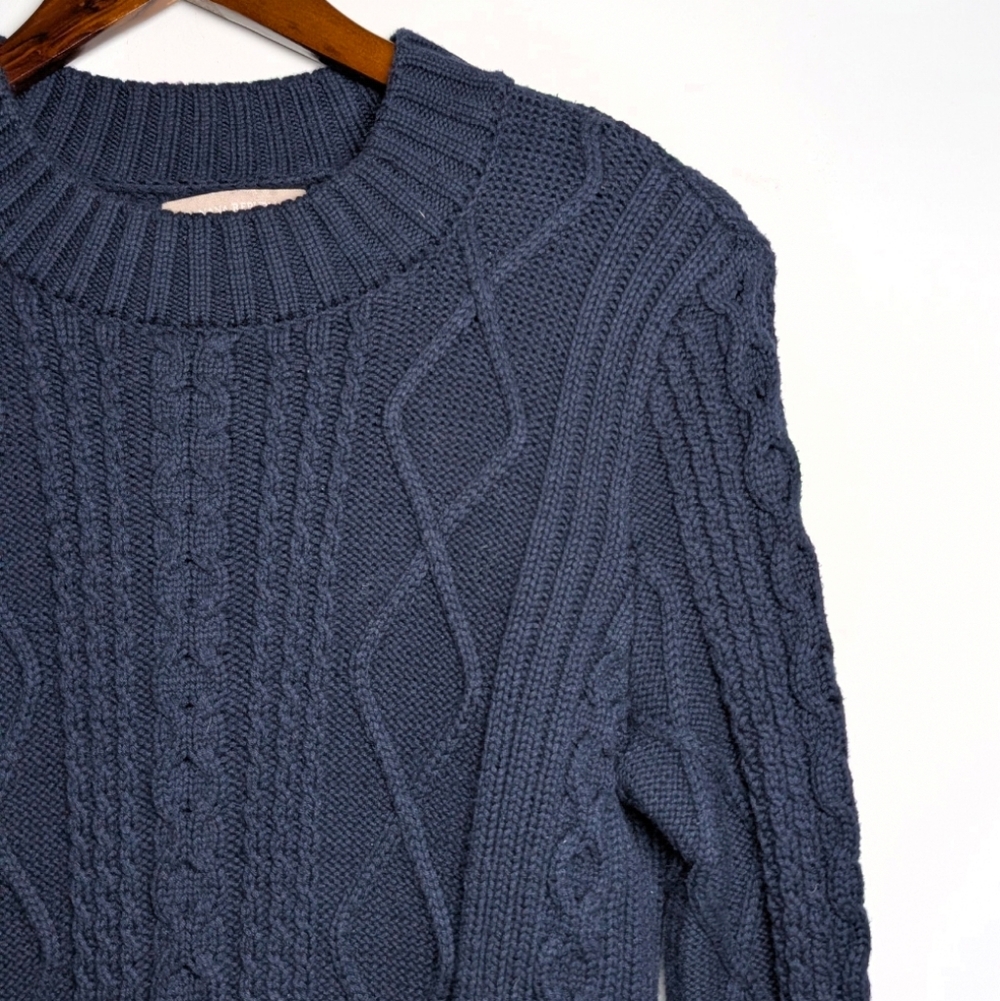 Banana Republic Women's Faux-Leather Trim Cable-Knit Pullover Small Cotton‎ Navy - Picture 4 of 9